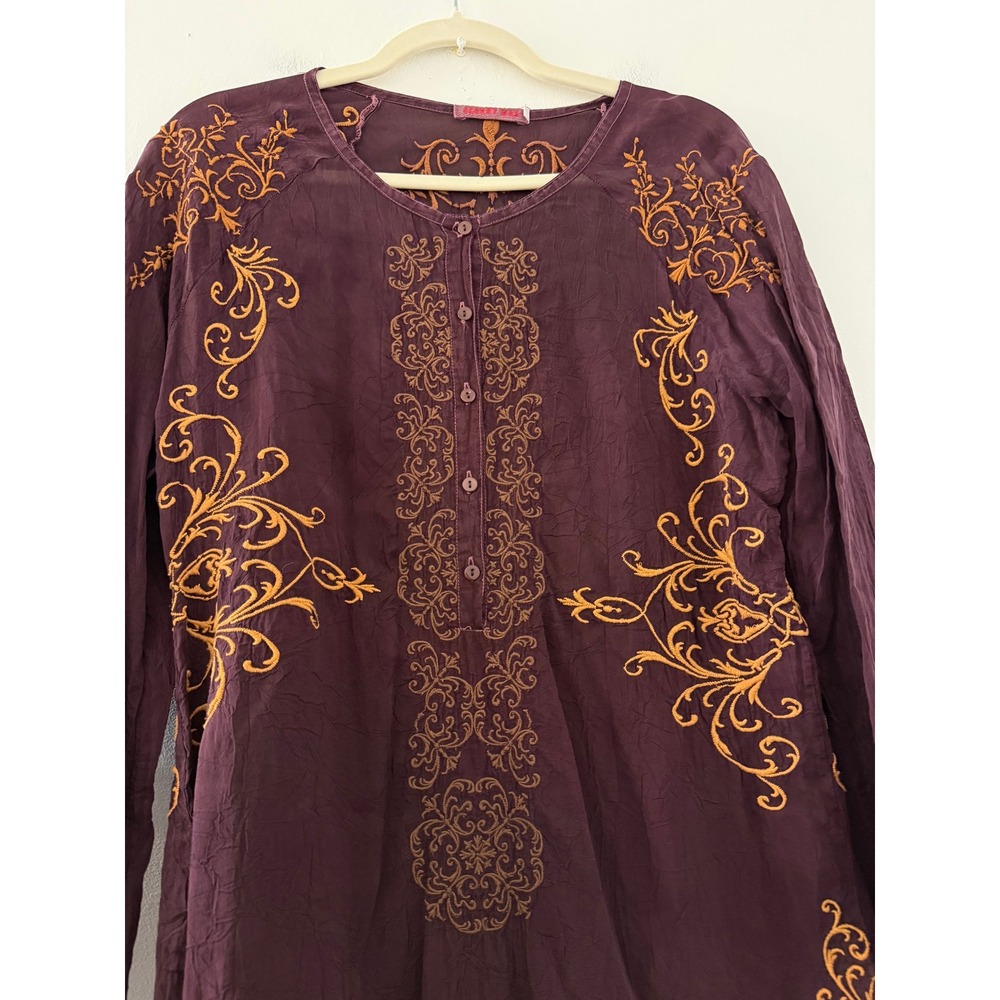 Johnny Was Embroidered Tunic Top Plum Purple Gold Filigree Rayon Blouse Small - Picture 5 of 6